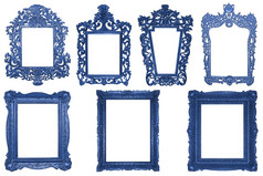 集矩形装饰古董蓝色的木帧孤立的白色背景