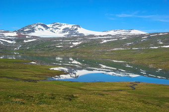 夏天山景观北部挪威贫瘠的山覆盖与雪反映了小湖包围绿草覆盖字段夏天山景观挪威