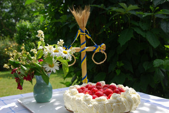 表格花园与新鲜的草莓蛋糕仲夏波兰而且花