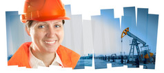 女石油工人橙色统一的而且头盔拼贴画背景的泵杰克工程师女人石油场拼贴画作文