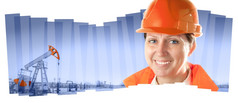 女石油工人橙色统一的而且头盔拼贴画背景的泵杰克女工业工人石油场拼贴画作文