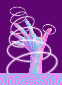 现代概念上的艺术海报与明亮的荧光霓虹灯色彩斑斓的手臂手拼贴画当代艺术拼贴画当代艺术与明亮的荧光霓虹灯色彩斑斓的手