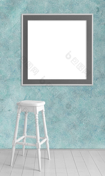 高白色木凳子蓝色的石膏墙背景wiht空艺术框架酒吧椅子的背景的粉刷墙板凳上木地板上空房间室内模型高白色木凳子蓝色的石膏墙背景wiht空艺术框架酒吧椅子的背景的粉刷墙板凳上木地板上极简主义空房间室内模型