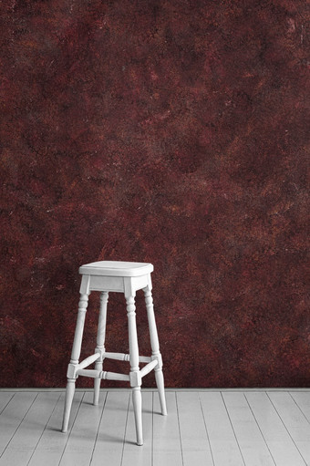 高白色木凳子Terracotta石膏墙背景wiht复制空间垂直为文本酒吧椅子的背景的粉刷墙板凳上木地板上空房间室内模型高白色木凳子棕色（的）石膏墙背景wiht复制空间垂直酒吧椅子的背景的粉刷墙板凳上木