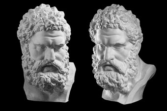 两个白色破产的赫拉克勒斯赫拉克勒斯头雕塑石膏复制大理石雕像孤立的黑色的背景儿子宙斯的古老的希腊神古老的雕像英雄两个破产赫拉克勒斯赫拉克勒斯头雕塑石膏复制雕像孤立的黑色的儿子宙斯古老的雕像英雄
