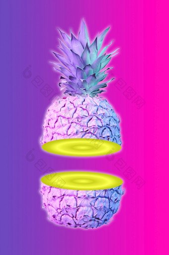拼贴画与菠萝充满活力的大胆的梯度全息颜色有创意的概念艺术风格有创意的色彩斑斓的霓虹灯图像与菠萝流行艺术模式和超现实主义的风格海报电子杂志文化拼贴画与菠萝充满活力的大胆的梯度全息颜色有创意的概念艺术风格