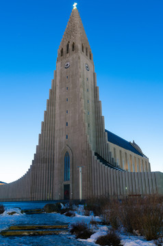 大教堂雷克雅维克在冬天黎明冰岛欧洲