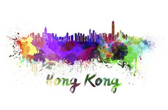 在香港香港天际线水彩洒出来了与剪裁路径在香港香港天际线水彩