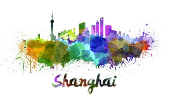 上海天际线水彩洒出来了与剪裁路径上海天际线水彩