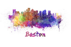波士顿天际线水彩洒出来了与剪裁路径波士顿天际线水彩