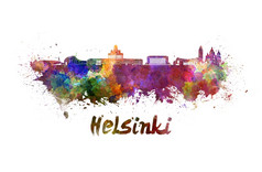 赫尔辛基天际线水彩洒出来了与剪裁路径赫尔辛基天际线水彩