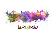 华沙天际线水彩洒出来了与剪裁路径华沙天际线水彩