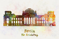 柏林具有里程碑意义的的德国国会大厦水彩洒出来了与剪裁路径柏林具有里程碑意义的的德国国会大厦水彩