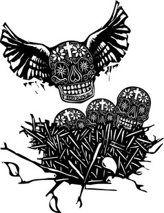 群死亡木刻风格图像墨西哥头骨与翅膀鸟巢
