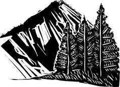 木刻expressionsitic山与森林路径木刻表现主义的山