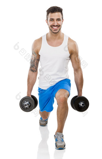 肖像肌肉发达的<strong>男人</strong>。提升权重孤立的在白色背景