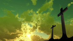 十字架轮廓与的日落背景