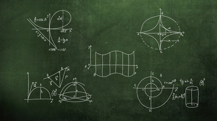 插图特写镜头数学公式和元素黑板上