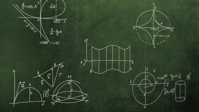 插图特写镜头数学公式和元素黑板上