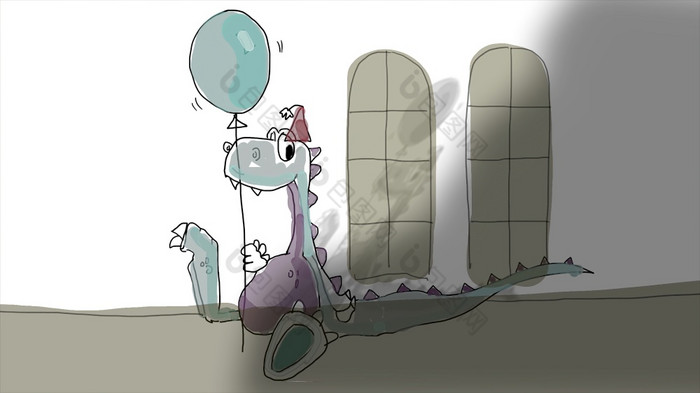 插图可爱的卡通龙穿聚会，派对他和持有气球