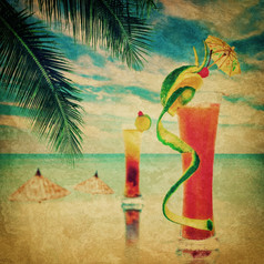 鸡尾酒聚会，派对邀请古董风格难看的东西纹理与两个酒精鸡尾酒服务酒吧热带海洋海滩