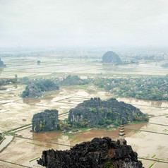 令人惊异的全景视图的大米字段石灰石岩石而且山顶宝塔从挂买寺庙的早期多雨的早....安保兵越南旅行风景而且目的地背景
