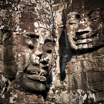 古老的高棉语体系结构巨大的雕刻佛脸巴戎寺庙吴哥什么复杂的Siem收获柬埔寨
