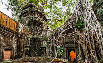 <strong>佛</strong>教和尚吴哥什么古老的高棉语体<strong>系</strong>结构Prohm寺庙废墟隐藏的丛林受欢迎的旅行目的地Siem收获柬埔寨