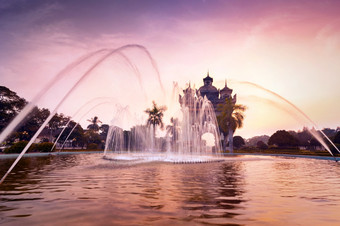 日落视图帕塔克赛拱胜利胜利门纪念碑与喷泉前面万象老挝旅行景观而且目的地