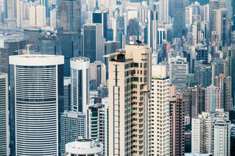 摘要未来主义的城市景观与现代摩天大楼在香港香港空中视图全景