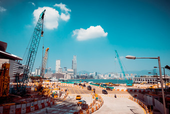 工业城市景观视图与起重机工作建筑建设在香港香港摘要未来主义的景观
