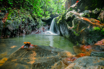 引人入胜的池塘与瀑布中间<strong>丛林</strong>神<strong>秘</strong>的池厚热带森林与运行水下降成湖包围野生植被和岩石北苏门答腊岛印尼