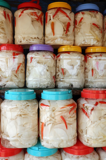 越南食物多雨的季节<strong>竹子</strong>拍摄显示食物商店市场农业产品过程和保持塑料Jar