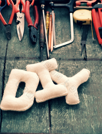 Diy工具背景与集团制作工具就像剪刀锤刀设备为手工制作的产品木背景爱好爸爸修复首页