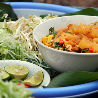 自制的越南食物被大叻种类面条汤与生材料黄色的面条干虾猪肉蔬菜从色彩斑斓的成分