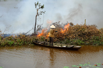 亚洲女人行船燃烧干树干叶子清洁场淹没了季节景观湄公河δ越南后作物燃烧火焰铜锣烟飞环境