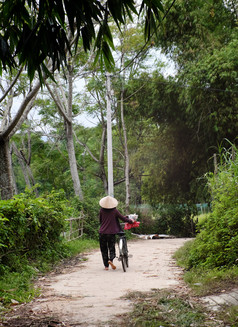 越南女人骑自行车农村路人移动通路与绿色场景自行车受欢迎的运输越南村