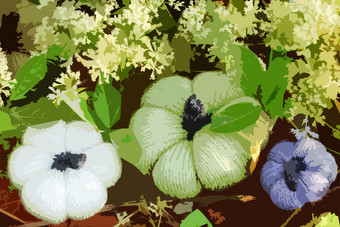 美丽的绘画色彩斑斓的南瓜花园使从使用过滤器效果真正的照片集团手工制作的产品从针织艺术白色小花自然场景使艺术背景