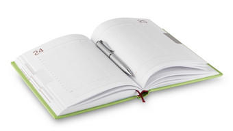 开放绿色日记与笔孤立的白色背景开放绿色日记与笔