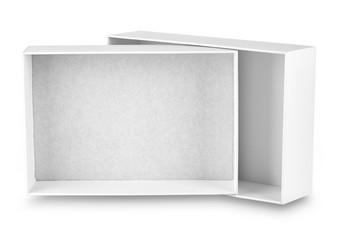 白色开放盒子站它的一边孤立的白色背景白色开放盒子站它的一边