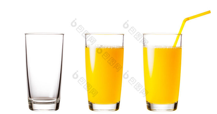 空和完整的眼镜与橙色汁孤立的白色背景拼贴画空和完整的眼镜与橙色汁
