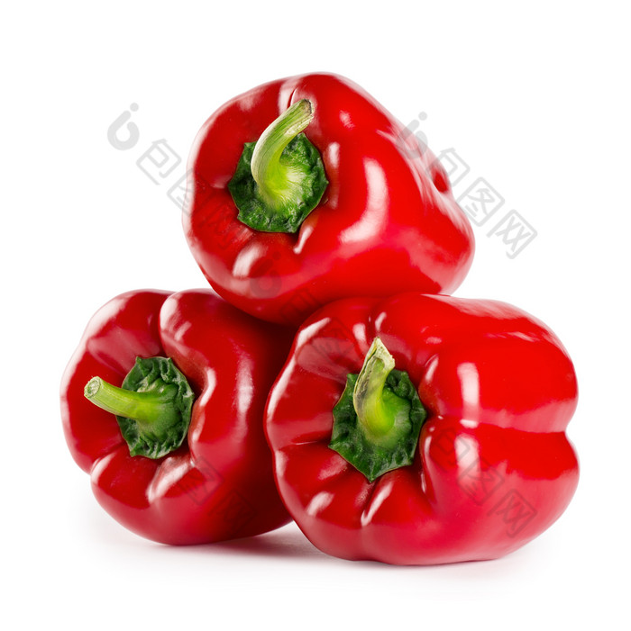 三个红色的甜蜜的辣椒孤立的白色背景的概念自然产品三个红色的甜蜜的辣椒孤立的白色背景