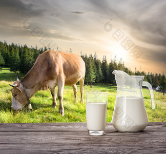 我和玻璃牛奶对背景牛和山牧场夏天景观的概念自然健康的食物我和玻璃牛奶对背景牛和山没有