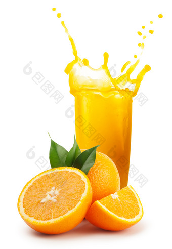 新鲜的橙色汁和橙子孤立的白色背景新鲜的橙色汁和橙子