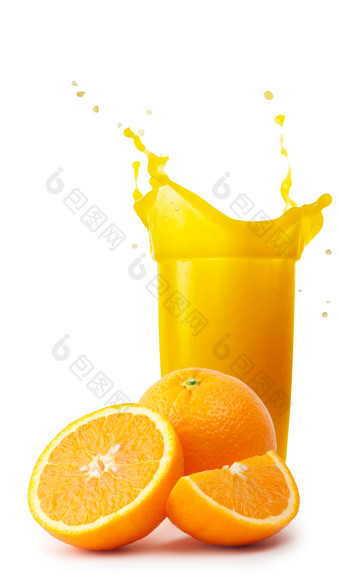 玻璃橙<strong>色</strong>汁与飞溅<strong>和</strong>橙子孤立的白<strong>色</strong>背景玻璃橙<strong>色</strong>汁与飞溅<strong>和</strong>橙子