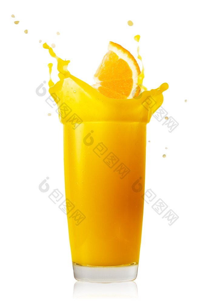 片橙色飞行玻璃橙色汁孤立的白色背景片橙色飞行玻璃橙色汁