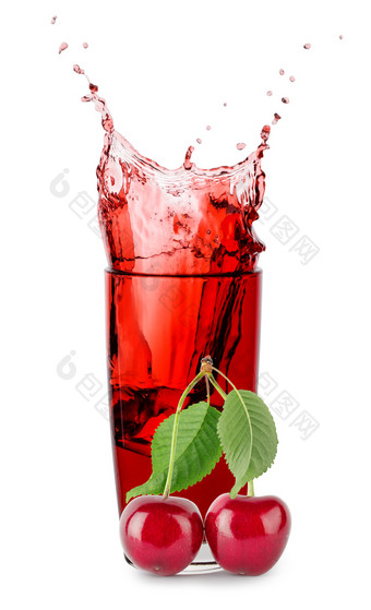 飞溅玻璃樱桃汁与浆果樱桃孤立的白色背景飞溅玻璃樱桃汁与浆果樱桃