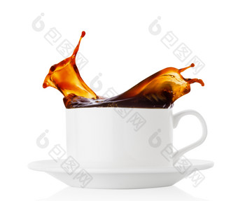 咖啡飞溅白色杯与<strong>飞碟</strong>孤立的白色背景咖啡飞溅白色杯与<strong>飞碟</strong>