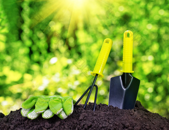 花园工具<strong>耙</strong>泥刀和手套桩土壤下的明亮的太阳的概念园艺和农业花园工具<strong>耙</strong>泥刀和手套桩土壤