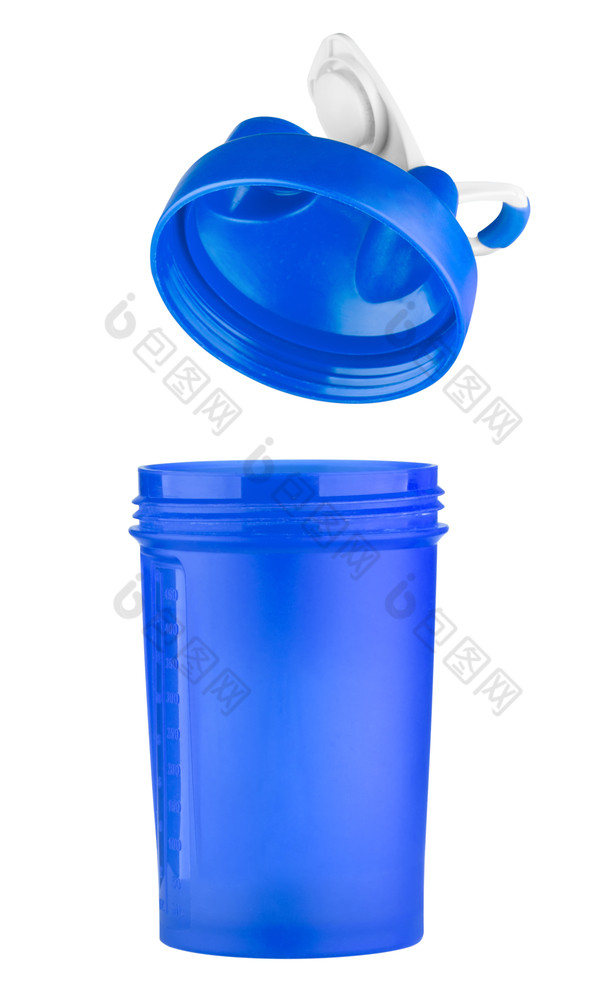 蓝色的瓶为体育营养与开放成员孤立的白色背景蓝色的瓶为体育营养与开放成员